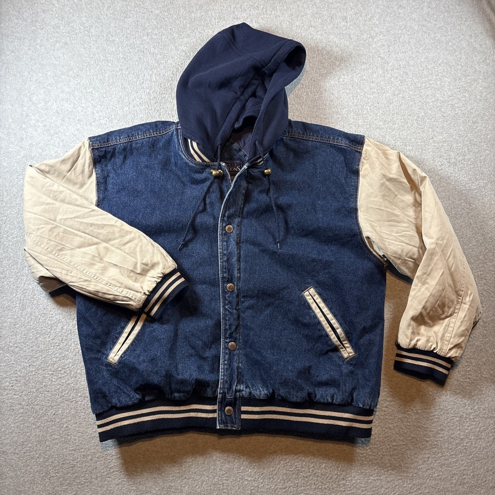 Basic Editions Men's XL Blue Denim Varsity Jacket Hooded Y2K Snap Button 90s